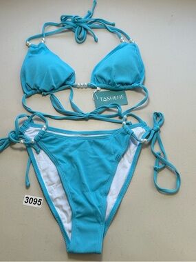 TASHEHE Blue Pearl Accent Halter Triangle Bikini Set Swimwear Size M